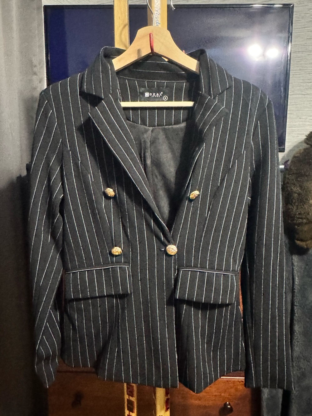 Black Pinstripe Double-Breasted Blazer with Gold Buttons!